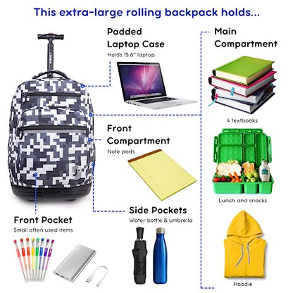J World Sundance Laptop Rolling Backpack for Girls Boys. Roller Bookbag with Wheels, 20 Inch, Camo - color: Camo