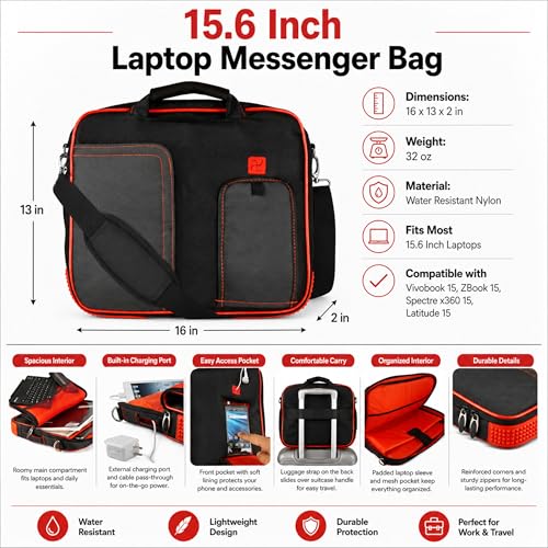 15.6 Inch Laptop Briefcase Shoulder Bag, Water Resistant Nylon Messenger Bag, Padded Compartment, Trolley Strap - color: Red