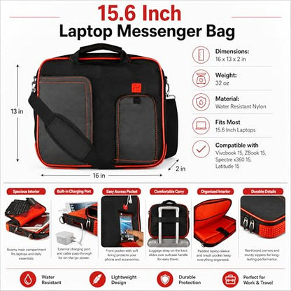 15.6 Inch Laptop Briefcase Shoulder Bag, Water Resistant Nylon Messenger Bag, Padded Compartment, Trolley Strap - color: Red