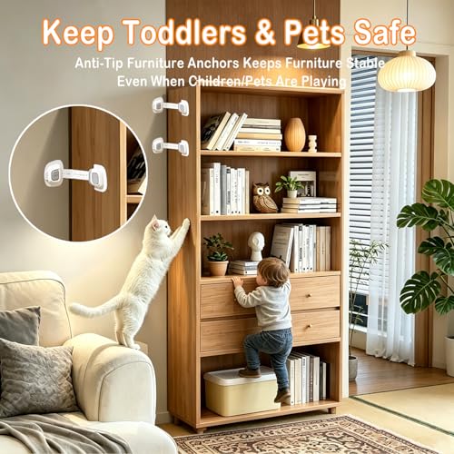 No Drill Furniture Anchor for Baby Proofing, Adjustable Straps, 4 Packs | Dual-Detach Design Large 3M Adhesive Pads Damage-Free Installation 7" Adjustable Strap Fits Dressers, Bookcases & Cabinets - size: 4 Pack