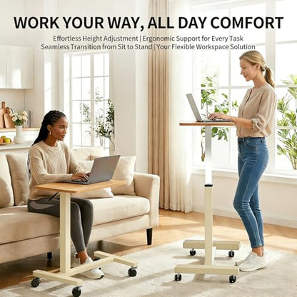 Adjustable Overbed Table with Wheels, Pneumatic Height Lift Rolling Bedside Table, Standing Desk for Home & Office Use, Ideal for Seniors & Limited Mobility(Walnut White) - color: Walnut White