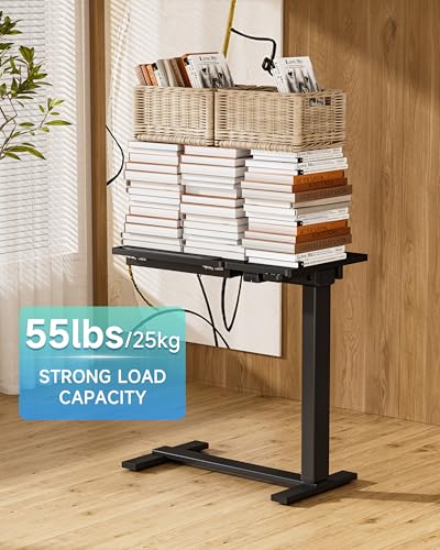 BIZUM Small Electric Standing Desk, Overbed Table Wireless Tilt Top with Hidden Wheels, 27.6×15.8 Inch Adjustable Rolling Laptop Desk, USB-C Rechargeable Battery, Black - color: Black