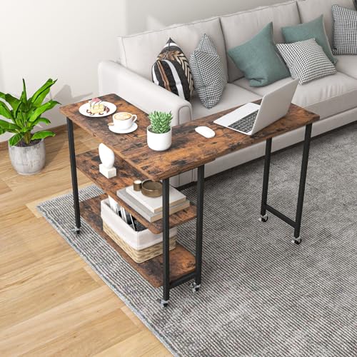Giantex 360° Free Rotating Sofa Side Table, Mobile L-Shaped Laptop Desk with Sturdy Metal Frame, 6 Universal Casters, Movable Couch Snack Table with 2-Tier Storage Shelf for Home (Rustic Brown) - color: Rustic Brown