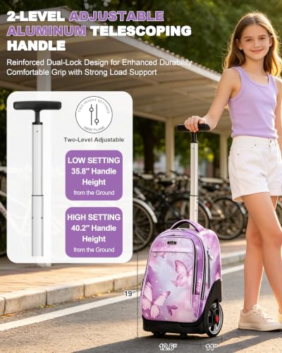 NEW TILAMI 19 Inch Rolling Backpack with Lunch Bag School Stair-Climbing | Stair-Climbing Teen Boys Girls Carry-on Suitcase Large Compartment 15.6 Laptop Sleeve Adjustable Handle Roller Travel Bag - color: Purple Butterfly