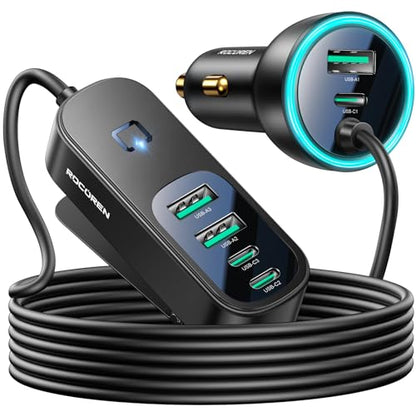 Rocoren 105W 6‑Port PD USB‑C Car Charger with 5FT Cable, Travel Essentials | Cigarette Lighter Adapter Powers Multiple Devices At Once, Car Accessory For Road Trips And Compatible With IPhone 17/16