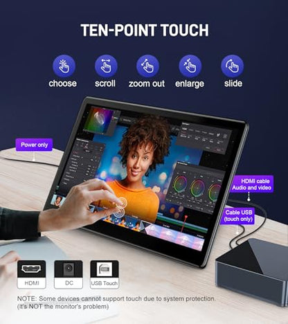 15.6 inch Portable Touchscreen Monitor with HDMI VGA DVI Ports, Screen Extender FHD 1920×1080 IPS Small Touch Screen Display Compatible with Laptops PC PS5/4, Industrial (with Remote) - size: 15.6 inch