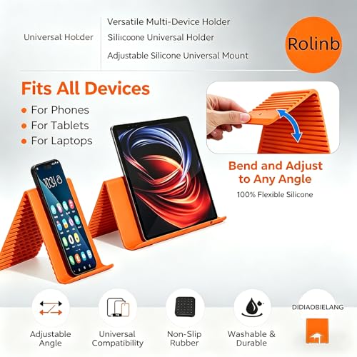 Portable Foldable Silicone Phone Holder, Flexible Silicone Aluminum Airplane Phone Holde,Bendable Rollable Foldable Design, for Phone Tablet Laptop, Portable Ergonomic Holder (Orange)
