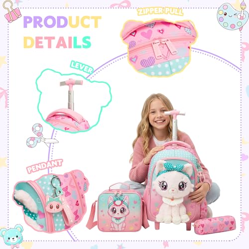 Meetbelify Rolling Backpack for Girls Backpacks with Wheels for Elementary Student Kids School Travel Bag for Girls Ages 6-8 Years Old - color: Pink