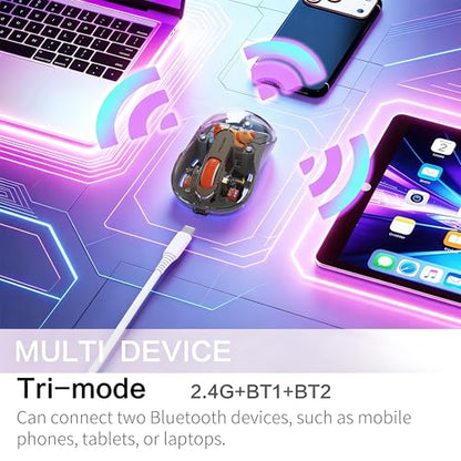 FMOUSE Cute Transparent Mouse, Tri-Mode Wireless, Rechargeable, Grey | USB-A & USB-C Receivers | 2.4G & Dual Bluetooth | Bear Figurine | Silent Click | RGB | For MAC, iPad, Laptop - color: Grey