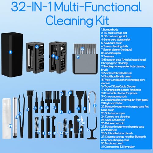32-in-1 Keyboard Cleaning Kit iPhone Charging Port Speaker Cleaner | Multifunction Clean Tools for Airpods iPad MacBook Keyboard Earbuds Camera Computer Laptop Screen Electronics (Black) - color: Black