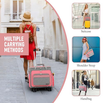 Rolling Teacher Bag With Wheels, Tote Organizer With Detachable Trolley - color: Pink