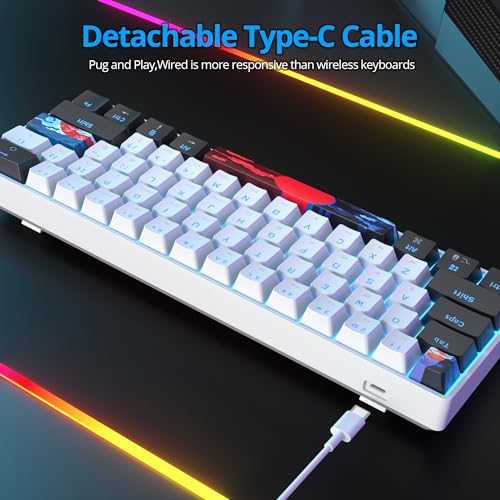 Portable 60% Mechanical Gaming Keyboard, 60 Percent Red Switch LED Backlit, 61 Keys Mini White USB Wired Office Keyboard for Windows Mac Laptop PC (61 Black & White) - color: 61 Black & White/Red Switch