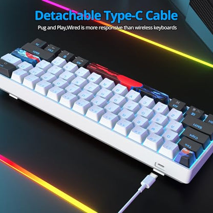 Portable 60% Mechanical Gaming Keyboard, 60 Percent Red Switch LED Backlit, 61 Keys Mini White USB Wired Office Keyboard for Windows Mac Laptop PC (61 Black & White) - color: 61 Black & White/Red Switch