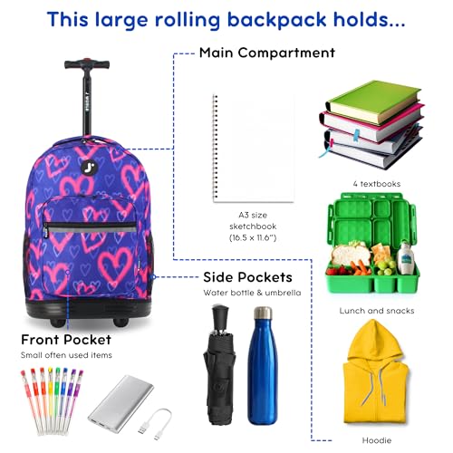 J World Sunrise Kids Rolling Backpack with Wheels for Girls Boys, Roller Bookbag for School, 18 x 13 x 9 Inches, Heart Spray - color: Heart Spray