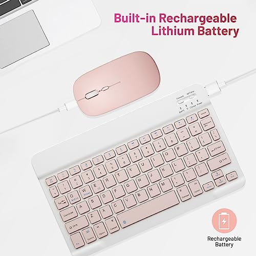 Bluetooth Keyboard and Mouse Combo Rechargeable Portable Wireless Keyboard Mouse Set for Apple iPad iPhone iOS 13 and Above Samsung Tablet Phone Smartphone Android Windows (10 inch Pink) - color: pink