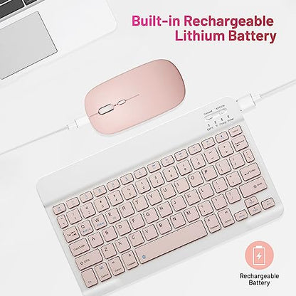 Bluetooth Keyboard and Mouse Combo Rechargeable Portable Wireless Keyboard Mouse Set for Apple iPad iPhone iOS 13 and Above Samsung Tablet Phone Smartphone Android Windows (10 inch Pink) - color: pink