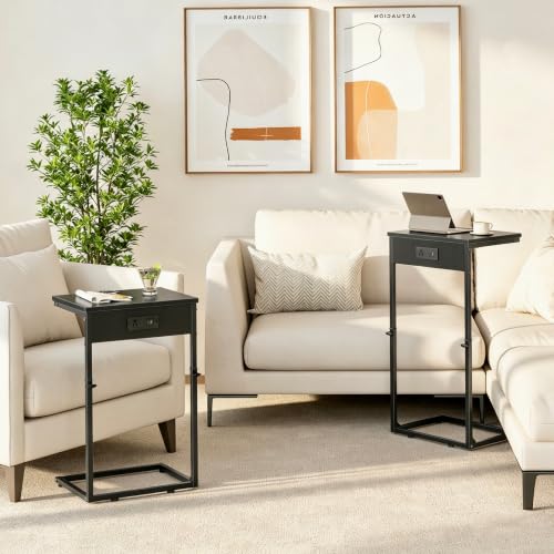 C Shaped End Tables Set of 2 with Charging Station, 33.2'' Tall C Table Adjustable Height Side Table, Small Side Table for Small Spaces, Couch Sofa Table TV Tray for Living Room, Black - color: Black (2 Pack), style: With Plug