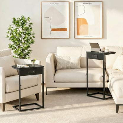 C Shaped End Tables Set of 2 with Charging Station, 33.2'' Tall C Table Adjustable Height Side Table, Small Side Table for Small Spaces, Couch Sofa Table TV Tray for Living Room, Black - color: Black (2 Pack), style: With Plug