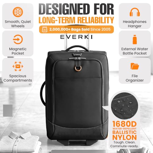 EVERKI Wheeled 420 Laptop Trolley Bag with Laptop Compartment, Black - 35L | Ballistic Nylon, Leather Accents, Rolling Carry-On Bag, Business, Gaming, Removable Sleeve, Travel-Friendly, Fits up to 18.4"