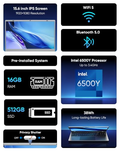 15.6" FHD Laptop, Pentium 6500Y, 16GB RAM 512GB SSD PC Computer | Anti-Glare Screen | Privacy Shutter Webcam | HDMI USB 3.2 WiFi 5 BT5.0 | MicroSD Storage Expansion | For Office Home Study