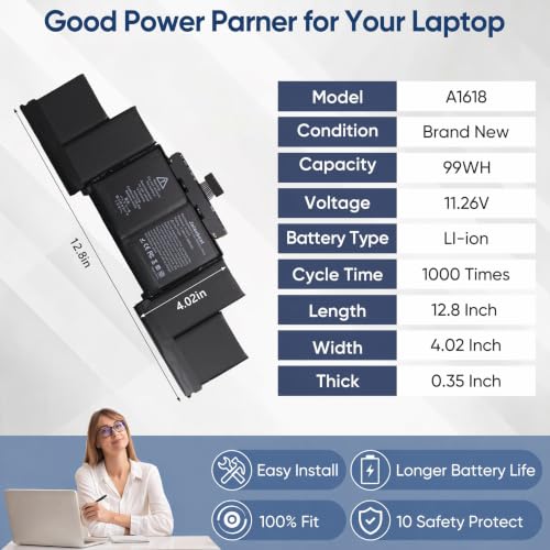 A1398 A1618 Battery Replacement for Apple MacBook Pro 15 inch Retina A1398 Mid 2015 - Long Lasting [99Wh 11.26V 8800mAh] - size: 12.8*4.02*0.35inch A1618