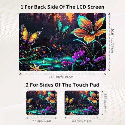 Laptop Skin Sticker 3-Piece Set,Flowers and Butterflies | Trim-to-fit 3-piece vinyl set with one 15 x 10.6 in lid skin and two palm-rest decals for many 12-15.6 in laptops - color: Flowers And Butterflies