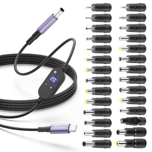 USB C to DC Adapter 140W USB Type C to DC 5.5x2.5mm 4.9FT Barrel PD Trigger Cable with 28 Tips, 5V/9V/12V/15V/20V/28V Multi Voltage Adjustable with LED Display for Tablets/Routers/Speaker