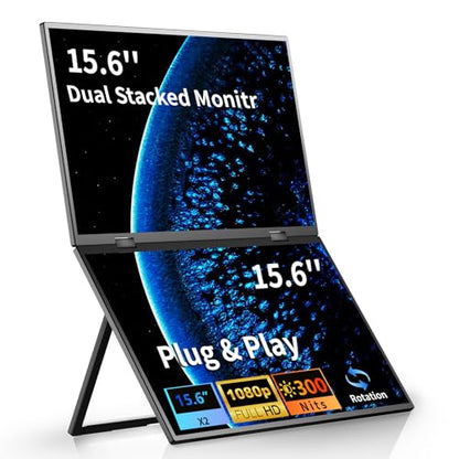 Dual Portable Monitor, 15.6" 1080P FHD IPS Folding Stacked Triple Laptop Screen Extender, USB-C Plug & Play Travel Extended Computer Display for Laptop PC Windows - size: 15.6 inch Dual monitor Plastic
