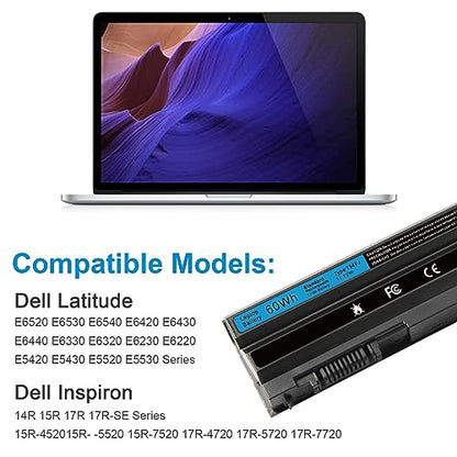 T54FJ M5Y0X 8858X Laptop Battery for Dell Latitude E6420 E6520 E6530 E5420 E5520 E5430 E5530 Inspiron 17r-7720 17r-se-7720 17r-5720 15r-5520 15r-7520 P/N: T54F3 P8TC7 P9TJ0 R48V X57F1 M421R M521R - size: 8.2*1.97*0.79inch