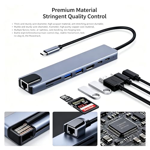 USB-C Hub 8-in-1 Multiport Adapter with HDMI, USB 3.0, Ethernet, SD Card Reader, and USB-C Port, Space Gray