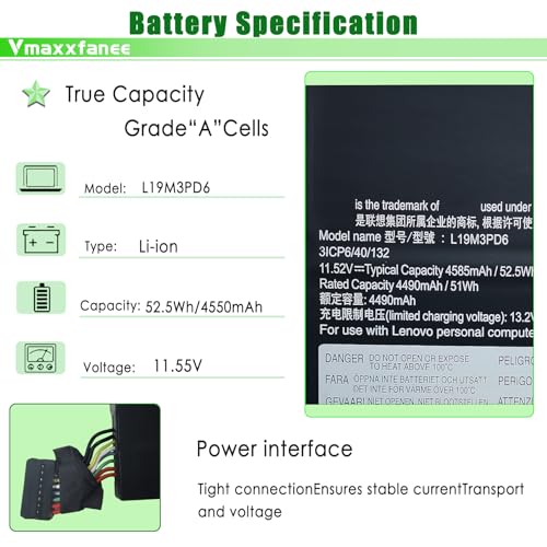 L19M3PD6 52.5WH Laptop Battery Replacement for Lenovo Flex 5-15IIL05 5-14ARE05 5-14IIL05 81X2 82DF Series Notebook L19L3PD6 L19C3PD6 L19D3PD6 SB10X49074 SB10X49076 11.55V 4550mAh - size: 10.23*3.34*0.39 inch L19M3PD6