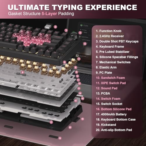 YUNZII B75 PRO Wireless Mechanical Gaming Keyboard | Custom 75% Layout with Knob,Gasket Mount,Hot Swap,Creamy Pre-lubed Switch,BT/USB-C/2.4G (Black Heart, Cocoa Cream V2 Switch) - color: Black Heart, size: Cocoa Cream V2 Switch