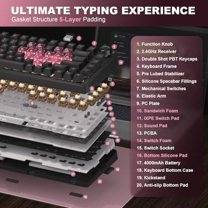 YUNZII B75 PRO Wireless Mechanical Gaming Keyboard | Custom 75% Layout with Knob,Gasket Mount,Hot Swap,Creamy Pre-lubed Switch,BT/USB-C/2.4G (Black Heart, Cocoa Cream V2 Switch) - color: Black Heart, size: Cocoa Cream V2 Switch