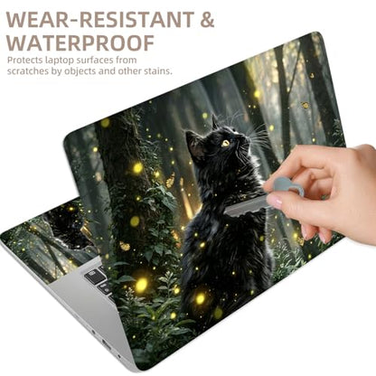 Universal Laptop Skin Sticker for 12/13/14/15.6 Inch Laptops, Reusable Vinyl Laptop Decal Cover, Waterproof Scratch Resistant Notebook Skin with 2 Wrist Pads,Firefly Forest Cat - color: Firefly Forest Cat