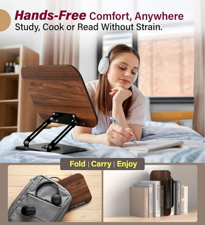 Adjustable Book Stand for Reading – Durable Build Quality, 360° Rotating Base, Stable Book Holder for Study, Kitchen, or Office, Relieves Neck Strain, (Dark Wood) - color: Dark Wood