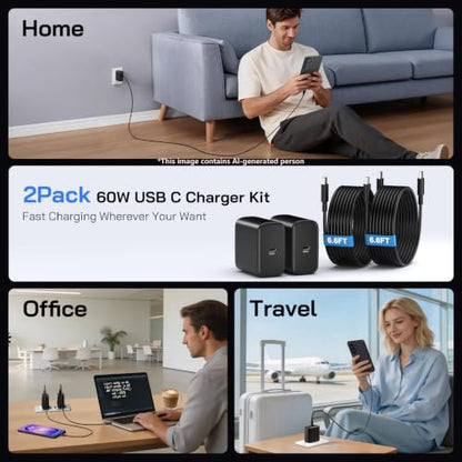 60W USB C Charger, 2Pack 60 Watt Super Fast Charger USB C Android Phone Charger Type C Fast Charging Block with 6.6FT Cable for Samsung Galaxy S26 Ultra/S26+/S25 Ultra/S24,Tab S9+/i Phone 17,Mac Book