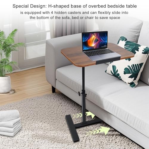 Adjustable Overbed Table, Overbed Bedside Table with Hidden Casters, 360° Swivel C Shaped Side Table, Mobile Laptop Computer Standing Desk for Home and Hospital Use (Walnut) - color: Walnut