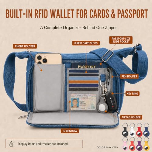 Rfid Crossbody Messenger Bag with Water Bottle Holders, 13 inch Laptop Shoulder Bag, Sling Satchel Purse w/Built-in Wallet - color: Sky Blue
