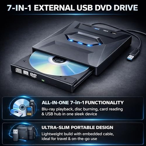 7-in-1 External USB DVD Drive & Blu-Ray Player Ultra Slim CD Bluray Burner for Laptop Desktop ROM SD TF Card Hard Disco Externo Writer and Reader Compatible with Most Computers