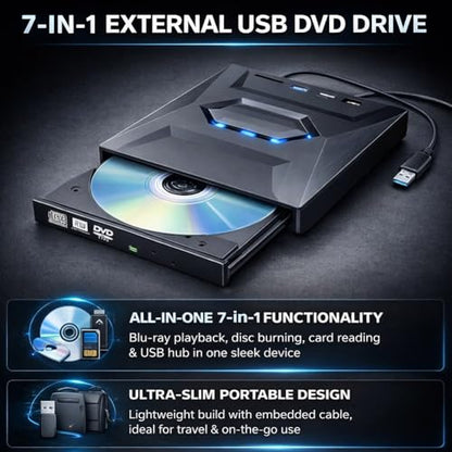 7-in-1 External USB DVD Drive & Blu-Ray Player Ultra Slim CD Bluray Burner for Laptop Desktop ROM SD TF Card Hard Disco Externo Writer and Reader Compatible with Most Computers