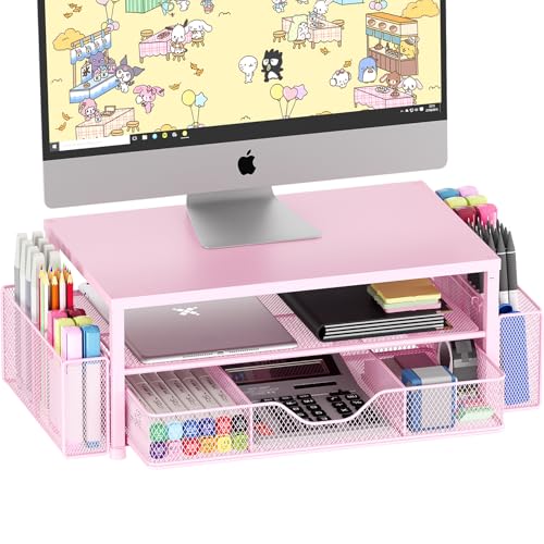 OPNICE Desk Organizer and Accessories, 2-Tier Computer Monitor Stand Riser with Drawer and 2 Pen Holders, Laptop Stand, Office Desk Accessories for Office Supplies, 1 Pack, Pink - color: Pink 1-Pack, size: Single