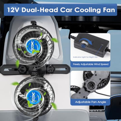 XOOL Electric Car Fans for Rear Seat Passenger Portable Fans Headrest 360 Degree Rotatable Backseat Car Fan 12V Cooling Air Fan with Stepless Speed Regulation for Vehicles, SUV, RV - size: Cigarette Dual Fan - Back