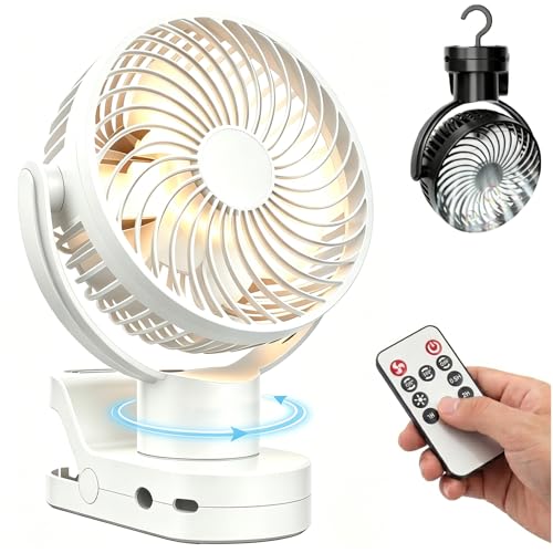 Clip On Fan, Rechargeable Battery Operated Fan with 360° Auto Oscillation, Portable USB Table Fan with Remote, LED Light & Hook, 6-22H Quiet Desk Fan for Stroller, Camping, Office, White