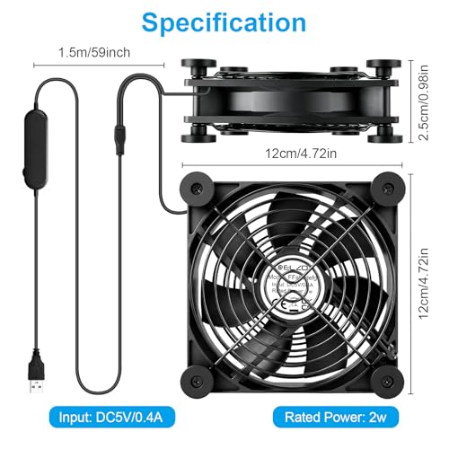ELZO 120mm USB Fan, Continuously Variable Speed Quiet Dual PC Fan for Receiver DVR PlayStation Xbox Computer Cabinet Router TV Cooling