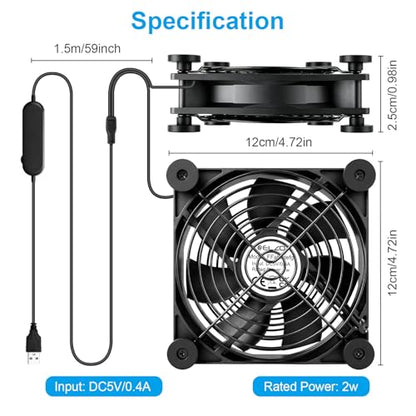ELZO 120mm USB Fan, Continuously Variable Speed Quiet Dual PC Fan for Receiver DVR PlayStation Xbox Computer Cabinet Router TV Cooling