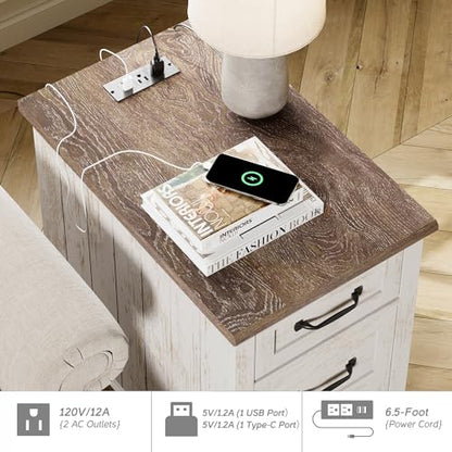 WAMPAT Antique White End Table with Charging Station, Wooden Side Table with Drawer & Storage Cabinet, Farmhouse Nightstand with Power Outlets & USB Ports for Living Room, Bedroom - color: Antique White