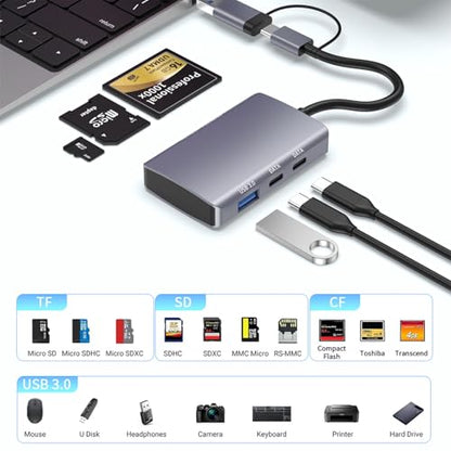6-in-1 CF/SD/TF Card Reader with Dual USB-C Hub - USB 3.0 Card Reader Adapter for Computer/Android/Micro SD/, Memory Stick Pro Duo Adapter, 5Gbps High-Speed Data Transfer