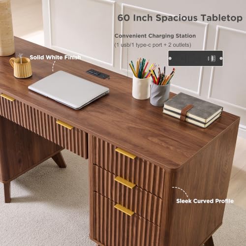 T4TREAM Fluted Executive Desk with Drawers, 60" Modern Home Office Computer Desk with Charging Station, File Cabinet, Keyboard Tray and Storage Cabinet for Study, Living Room, Bedroom, Light Walnut - color: Light Walnut