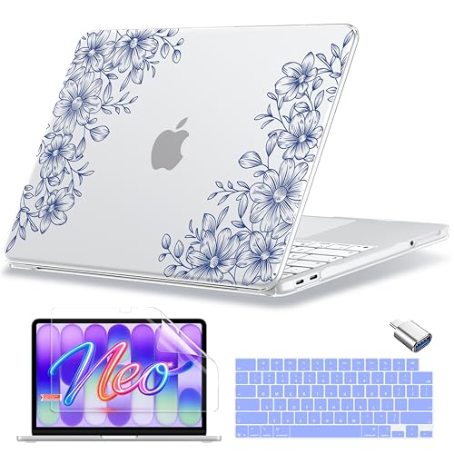 MecBevia Compatible with MacBook Neo Case 13 inch 2026 A3404 A18 Pro Chip | 4-in-1 Kit, Neo Hard Shell Case Cover & Keyboard Cover & Screen Protector & Type C, Floral Sketch - color: Floral Sketch