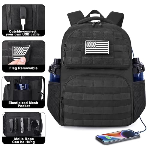 MOZETO 17 Inch Laptop Backpack, Large Tactical Inspired Travel Bag (Black) | USB Charger Port Computer Bag 18x14x8 Flight Approved Personal ltem Carry on Travel Backpack